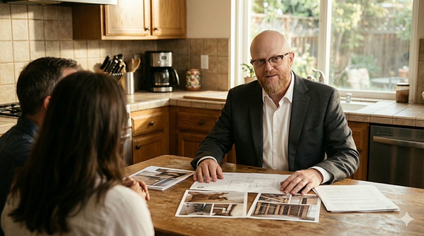 Jayson Elliott consulting with clients about a mechanics lien dispute